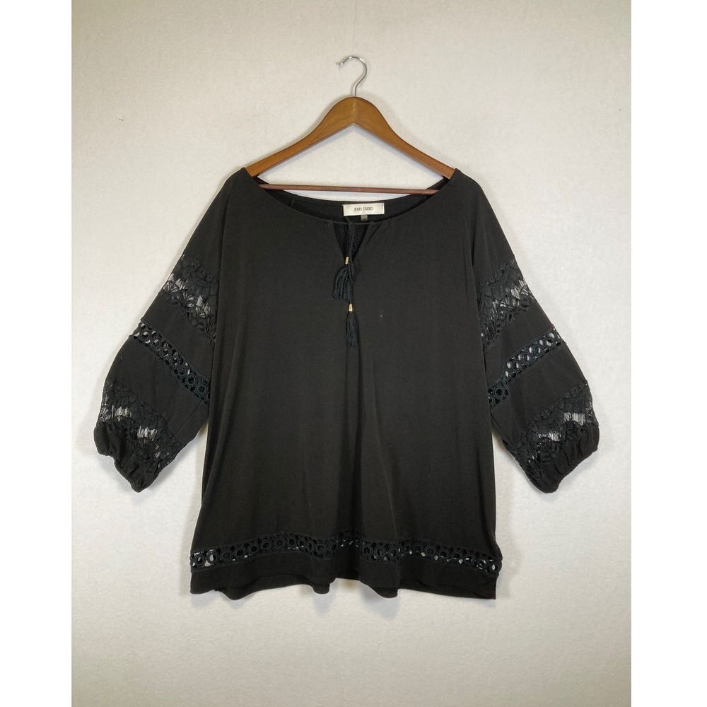 Romantic Goth Jones Studio 2X Black Crochet Lace Tassel Balloon Sleeve Blouse